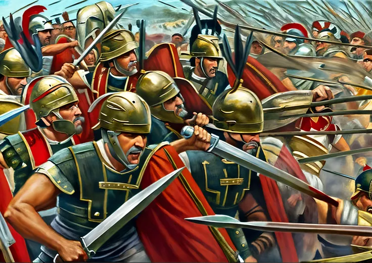 a painting of a group of men in armor holding swords, historical artistic depiction, leading spartans into battle, by pogus caes...