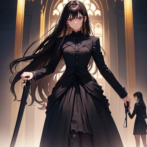 ((High quality picture)) a man stand in the midle (( fair skin, 170 cm tall, black hair, long hair tied, wearing black suit, hands holding black sword infront of him, 20 years old, gloomy face, wearing rings, fit body )), a man standing on the right (( 175...