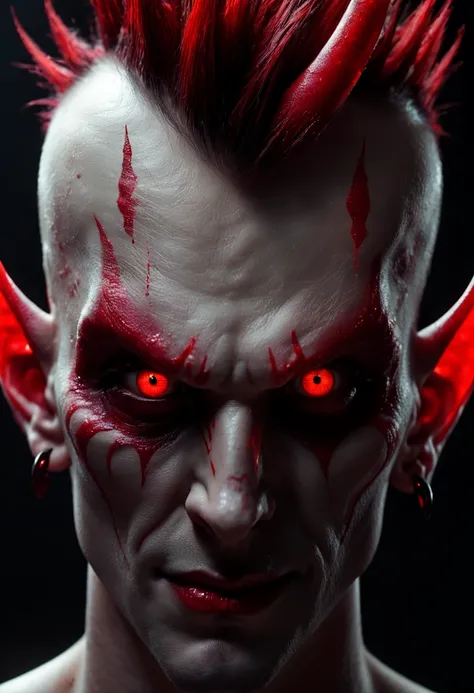 (demon),(psychological horror),(close face shot), highly detailed, hd, red shiny dots in black eyes, eye bags, dark background, realistic,cinematic lighting, (give him a mohawk hairstyle), (give him red realistic demonic horns), (make his pupils glow red),...