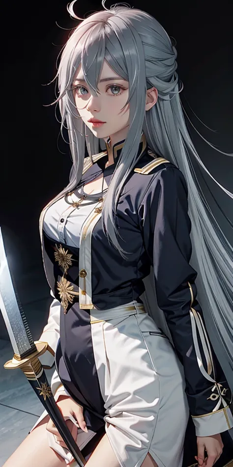 vladilenalora, long hair, grey eyes, grey hair, sword,