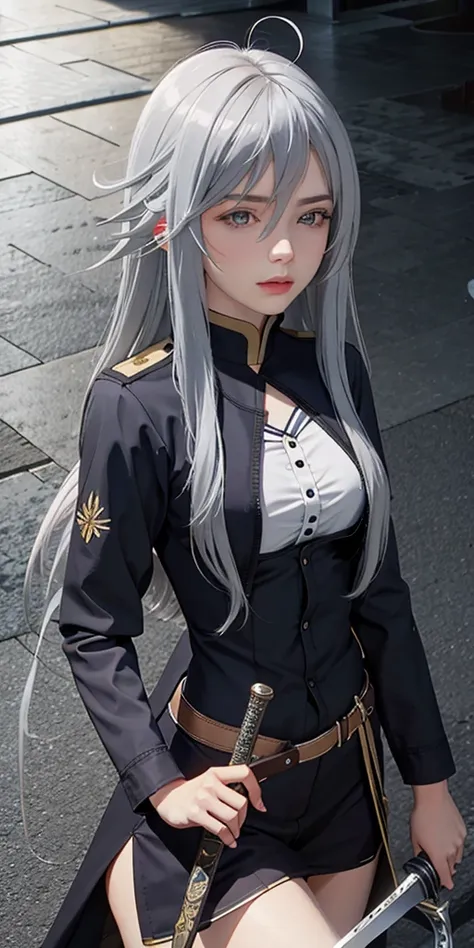 vladilenalora, long hair, grey eyes, grey hair, sword,