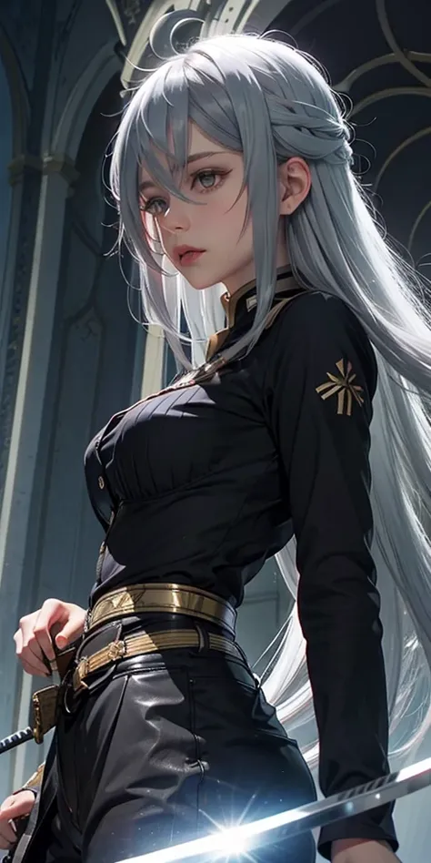 VladilenaLora, long hair, grey eyes, grey hair, sword, ((view from below))