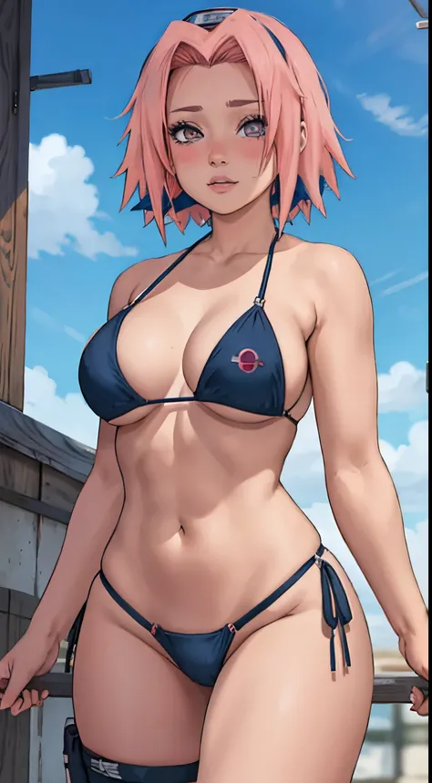 (best quality:1.3), (Qualidade 4k), sakura haruno por naruto classico, ((Rosto detalhado)),((sorrir)), (()), (seios grandes), sexy, (( corte de cabelo )), ((bikini thong neckline)), ((blue skies))