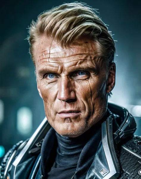 (masterpiece, best quality), dolph lungren in the role of (guerrier cyberpunk),  1 homme, epic (photo, studio lighting, hard lig...