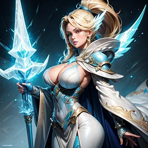 Skin tight frost wizard robes, huge breast, cleavage, 22 year old blonde girl, tiny waist, long legs, icy blue glowing staff (torn shirt: 0.5) (open shirt: 0.2), beautiful detailed face, detailed lips, detailed long nipples