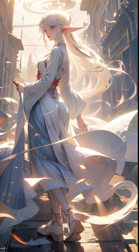 anime style, albine elf woman , white hair, blue eyes, elf ears, red lips, walking forest, very pale albine white body