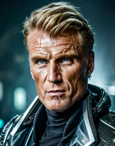 (masterpiece, best quality), dolph lungren in the role of (guerrier cyberpunk),  1 homme, epic (photo, studio lighting, hard lig...