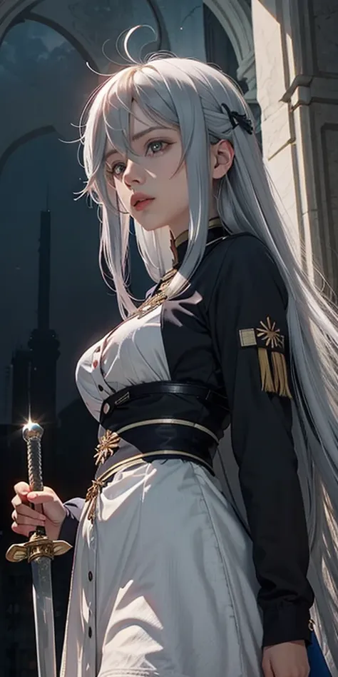 vladilenalora, long hair, grey eyes, grey hair, sword, ((view from below:1.3))