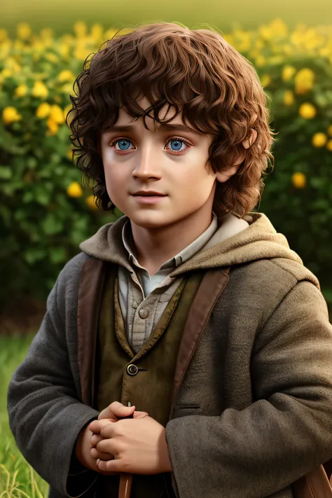 (CBZBB:1.25), Portrait of a child Frodo Baggins, Frodo Baggins, 10 years old.Or., Artstation, .CGI_Animation, Realistic