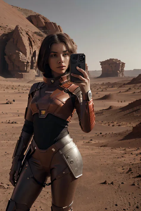 Create a strikingly realistic and visually captivating illustration of a young woman on Mars, embodying the essence of a futuristic influencer. Portray her taking a selfie in the distinct Martian landscape, with attention to intricate details such as the r...