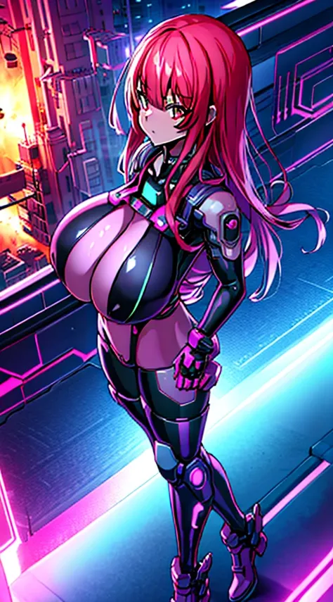 masutepiece,8K,High quality,Ultra Detail,super precision,girl with,Colossal tits,cyberpunked,in fighting,building area at night(cyberpunked),dazzling neon light,