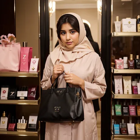 An Arab girl wearing a abayaa and has a gift bag that says O Z PERFUMES