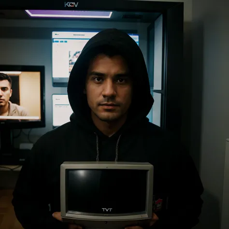 Man in a black hoodie with a CRT TV for a head