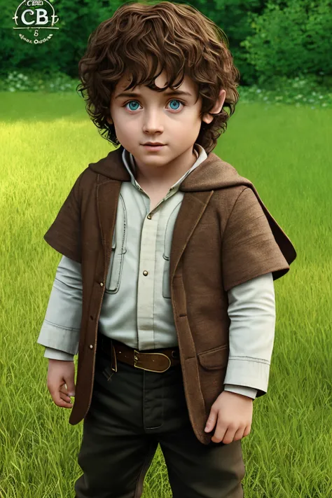 (cbzbb:1.25), Portrait of a child Frodo Baggins, Frodo Baggins 7 y.o., full pose, full body, artstation, CGI_Animation, Realistic