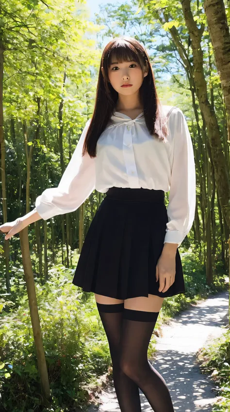 (Best Quality, masutepiece, Ultra HD: 1.3, High brightness, High color saturation), 1girl in, 24 year old,（long beautiful legs:2.0),（Full body figure:2.0）,straight haired, Long hair, （hide ones hands:2.0） See-through white blouse, （Black tight skirt:1.5）,（...