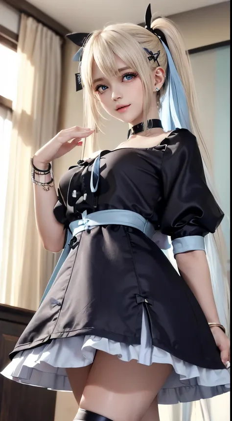 Marie Rose、blondehair、((12year old)), hair((Wavy, Black)), Eyes((Smart Eyes, Black)), Clothes((satin, Mini dress, Ribbon trim, Light blue, Light blue)), Accessories ((hair clips, shock, Bracelet)), Ponytail, huge tit, huge-breasted, Korean Makeup Look, Hap...