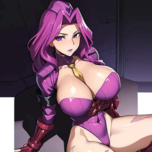 Cornelia_li_Britannia, 1girl, big_breasts, purple_eyes, (lipstick:.9), (makeup:.8), dollsuit, deep cleavage