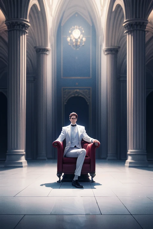 A guy in a white suite sitting on a chair in an empty big white hall