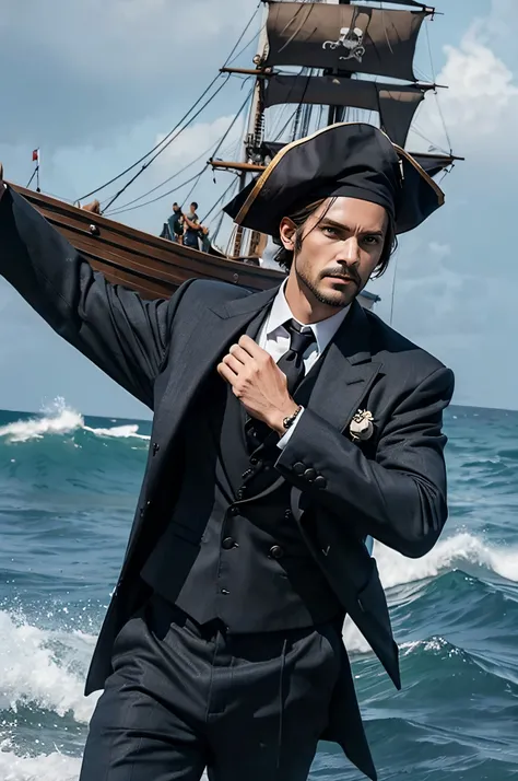 Pirate Ship　Men in suits　Lifelike face　Rough seas　fray　8K