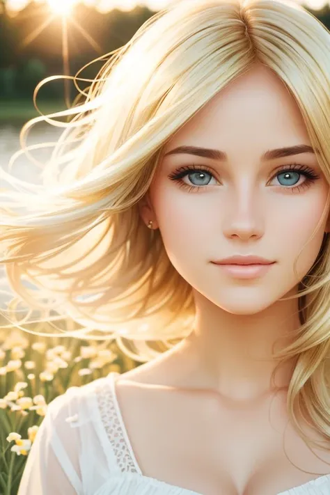 portrait of a cute woman in a bright windy field, river, (backlighting), realistic, masterpiece, highest quality, lens flare, shade, bloom, [[chromatic aberration]], Style-GlassFinal, natural skin texture, blonde, cute