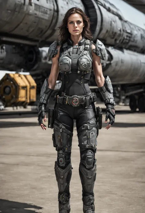 cuerpo completo, mujer alienigena extraterrestre, considerada como una de las razas mas bellas de la galaxia, parecida a kaya scoledario, con una cara, ojos y labios sensuales, vestida con uniforme sexy de gears of war, se encuentra en centro de control de...