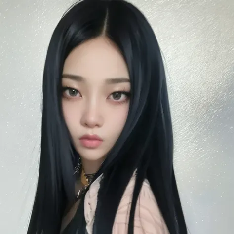 Un primer plano de una mujer con cabello largo y negro y una blusa negra, con cabello largo y ojos penetrantes, ulzzang, con el pelo largo, Jaeyeon Nam, con cabello negro lacio, Jinyoung Shin, Retrato de Jossi de Blackpink, cruel korean goth girl, con cabe...