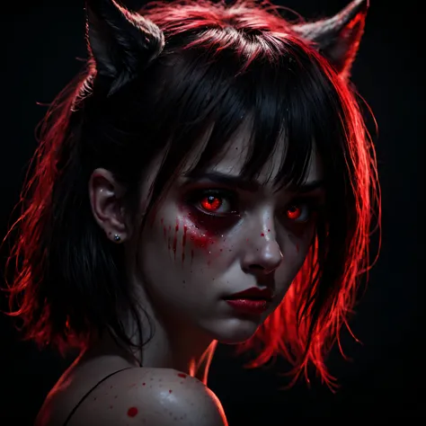 (demon girl),(psychological horror),(close face shot), highly detailed, hd, red shiny dots in black eyes, eye bags, dark background, realistic,(long wolf cut hairstyle),(side profile), (looking at viewer), (sad face expression)