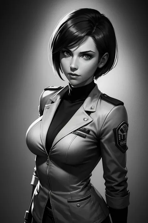 Best quality,Masterpiece,1girl,jill valentine re3,short hair, in the blazer,greyscale