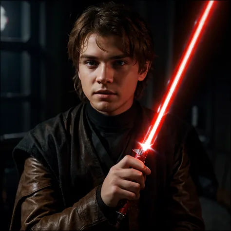 Realistic, 4k, Anakin skywalker holding red lightsaber