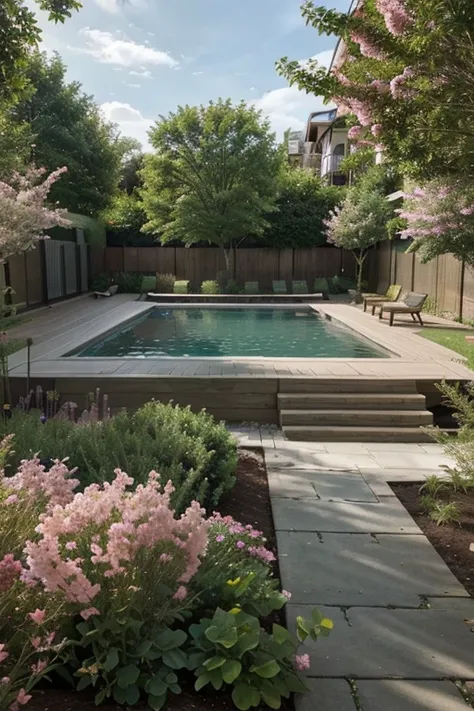 landscape architecture, illistrative site plan, L shaped pool, four planter boxes, pink flowering trees, green deciduous trees, small green shrubs, two wooden benches, midday, full sun, sidewalk