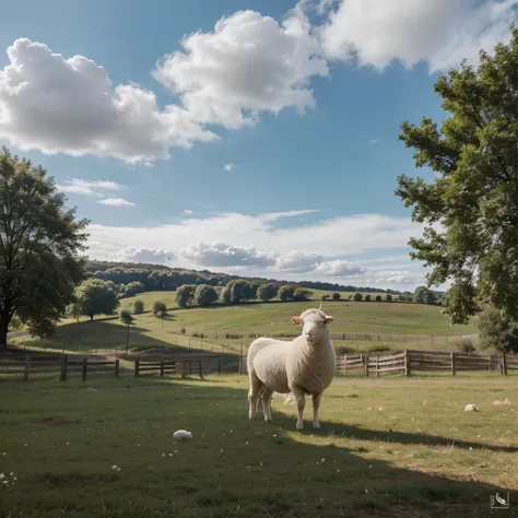 create an image of a white sheep standing near a wooden fence in a field with trees in the background. The sheep is looking at the camera with a curious expression. The sky is blue and there are clouds in the sky. The image appears to be taken on a calm, s...