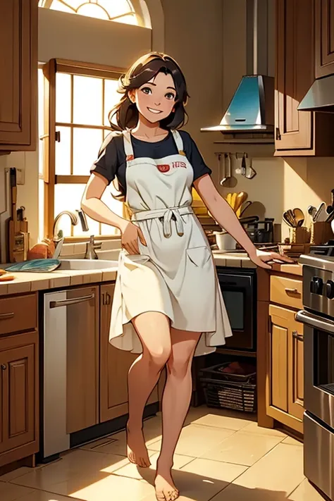 A beautiful barefoot cheerful young woman wearing an apron, in a kitchen.