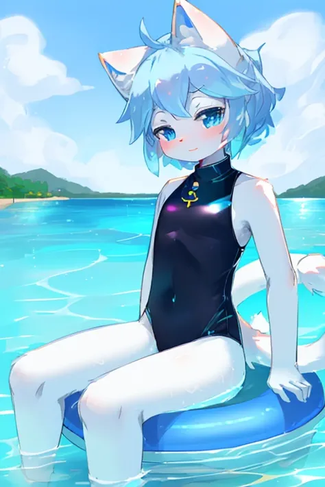 A white cat sitting on a swim ring in the water！,A cat posing while sitting on a swimming ring,Wear a black swimsuit , Nice tail！！There  an island behind，china blue eyes,  cat on swimming ring, With cute doting eyes，eventide