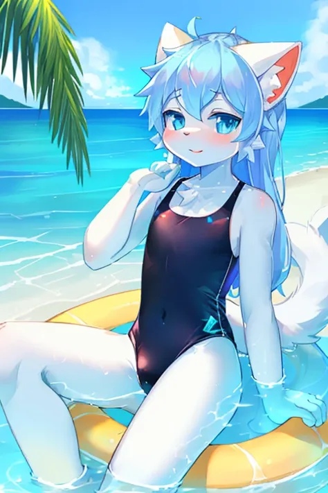 A white cat sitting on a swim ring in the water！,A cat posing while sitting on a swimming ring,Wear a black swimsuit , Nice tail！！There  an island behind，china blue eyes,  cat on swimming ring, With cute doting eyes，eventide