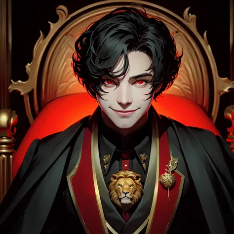 a man with kind eyes，red eyes， Is sitting on the throne，the Lion，A dark-haired，A young man,A smile，Black Mask，Two-dimensional illustration