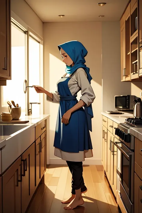 A beautiful barefoot  young hijabi woman wearing modest clothes and an apron, in a kitchen.