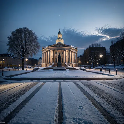 Gendarmenmarkt Square at night, there is a little snow, deserted, view from the sidewalk, realistic, photo