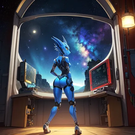 female, furry, metalic, robotic, anthro, blue, kobold, short, small breasts, thin body, standing in cell, science fiction, looking out window, galaxy, stars, high quality, masterpiece,