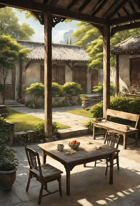 pastoral courtyard painting with table, chairs and bench (best quality), (ultra - detailed), (best best illustration),(the best ...