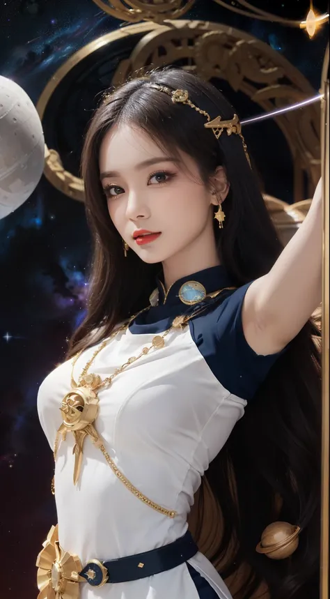 1 goddess of the zodiac from the future, wear the ao dai of the goddess of the zodiac to cover her chest, the goddess of the zodiac wears a bright yellow gold bodice, the goddess radiates a bright pink purple zodiac aura, the stars have the shape of the 12...