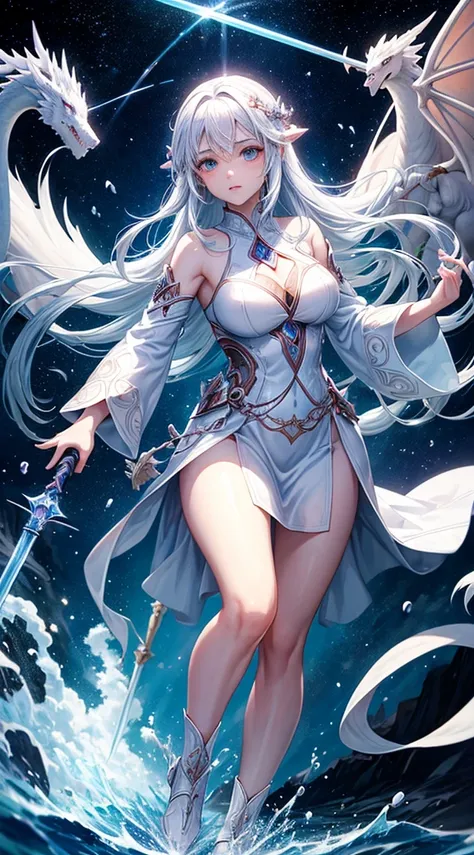 A mystical beautiful woman with a staff are running towards a mystical magic sword and a white dragon made of water and clouds is running towards the sword in space