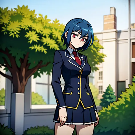 girl with blue hair, green locks, red eyes, short hair, student uniform, in a garden, standing, school in the background of the ...