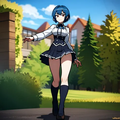 girl with blue hair, green locks, red eyes, short hair, student uniform, in a garden, standing, school in the background of the ...