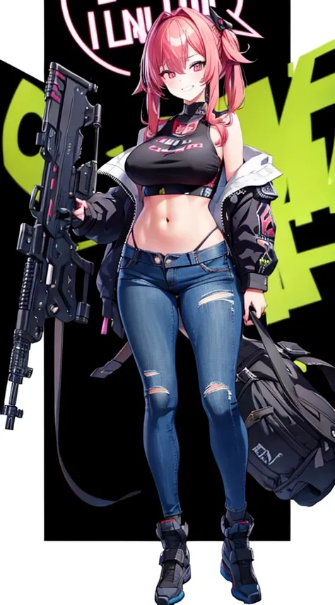 masutepiece,in 8K,High quality,Fine detail,super precision,1girl in(crazed smile),Big Assault Rifle,tits out,bomber jacket,Tank Tops,shortpants(Jeans fabric),in fighting,Build a night city(cyberpunked),dazzling neon light,