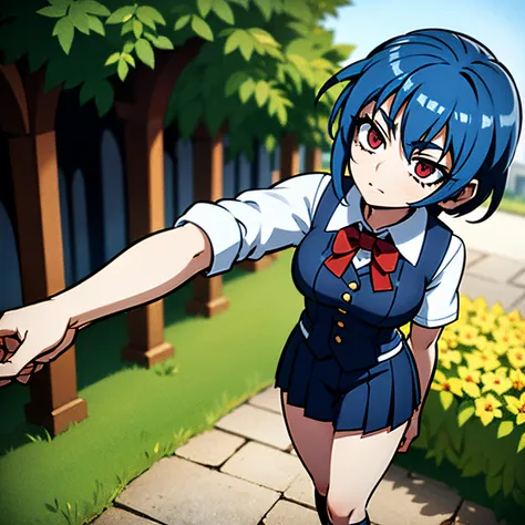 girl with blue hair, green locks, red eyes, short hair, student uniform, in a garden, standing, school in the background of the ...