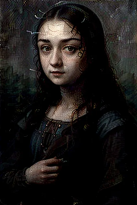 Painting by Leonardo da Vinci Mona Lisa, the picture shows (Arya Stark).,In the style of Leonardo da Vinci, in the style of the Mona Lisa painting. portrait painted in oil