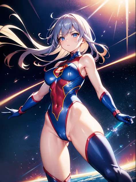 1girl, superhero, leotard, blue and red leotard, bare legs, boots, gloves, medium breasts, beautiful detailed eyes, glowing body, light surrounding her body, light particles, space backdrop, standing pose, floating, cowboy shot, full body shot, superpower,...