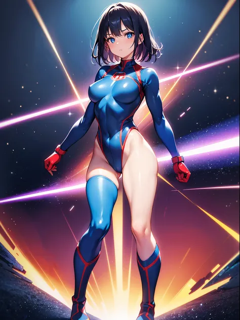 1girl, superhero, leotard, blue and red leotard, bare legs, boots, gloves, medium breasts, beautiful detailed eyes, glowing body, light surrounding her body, light particles, space backdrop, standing pose, floating, cowboy shot, full body shot, superpower,...