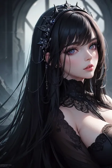 **(best quality,4k,8k,highres,masterpiece:1.2),ultra-detailed,realistic,oriental gothic girl,beautiful detailed eyes,beautiful detailed lips,extremely detailed eyes and face,long black hair,very detailed dress,dark atmosphere,dramatic pose,stunning backgro...