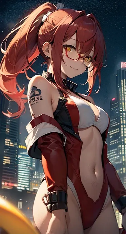 top-quality、Top image quality、in 8K,4K,​masterpiece, ultra-detailliert、Beautiful、ultra-quality、-like、Cool、girl with(((18year old、red and white Rubber Suit 1:3、bikini suit, medium tits、red hair、a ponytail , yellowEyes、erotick:1.4、Happiness、The tattoo)))、fro...